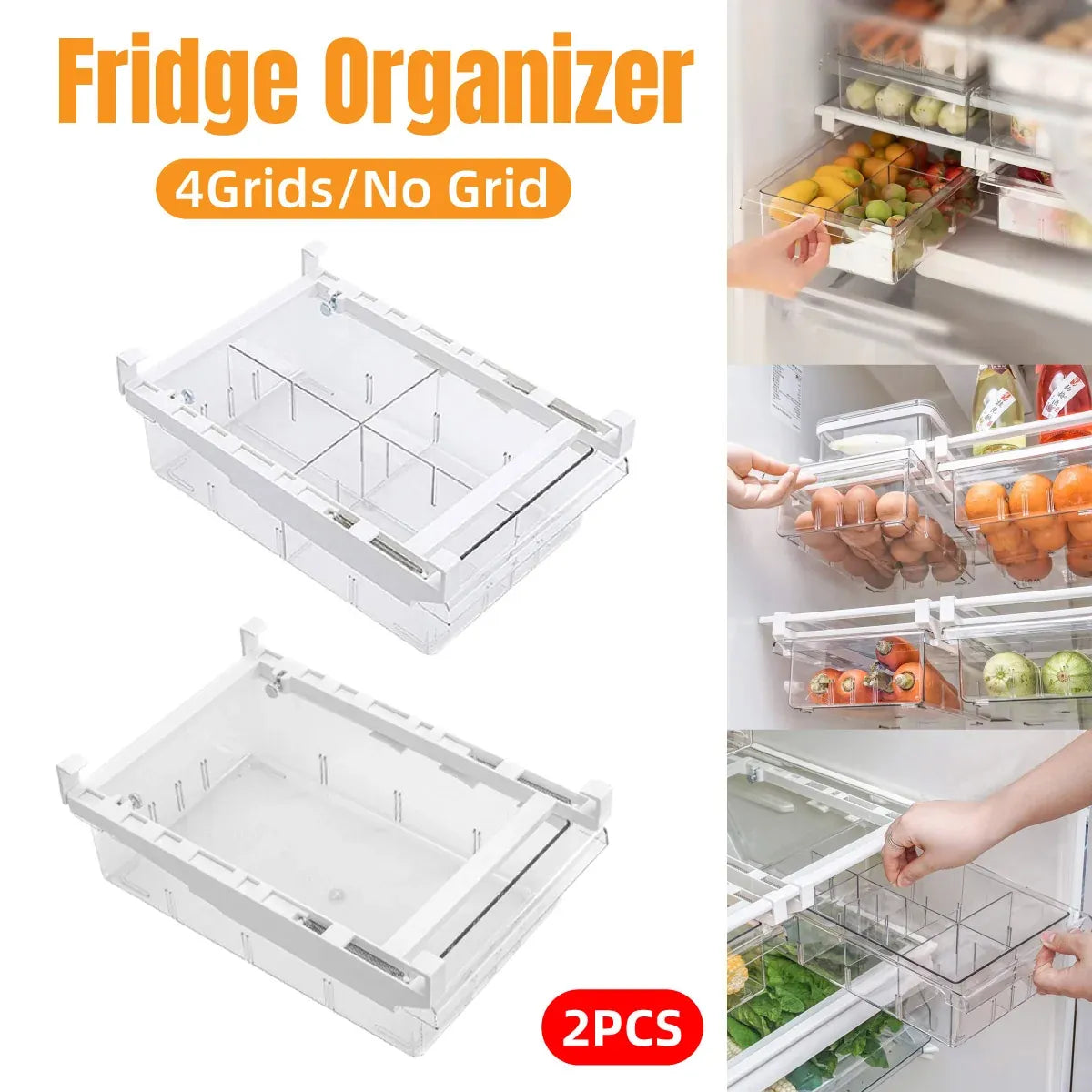 2Pcs Refrigerator Storage Drawer Fridge Organizer Rack Kitchen Egg Holder Space - 4 Grids