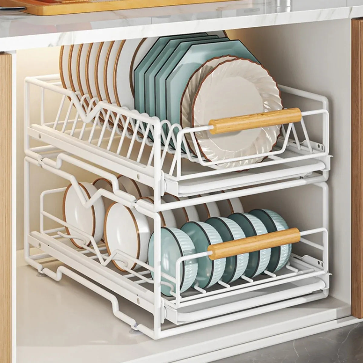 Pull Out Storage Rack Kitchen Dish Bowl Organiser Carbon Steel 40 x 30 x 13cm - Dish Rack