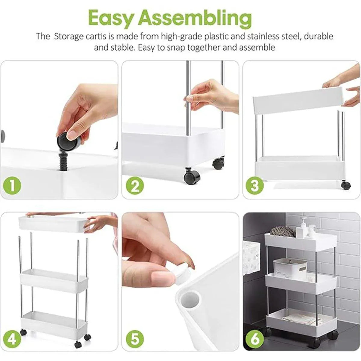 Multi Layer Rolling Storage Cart Kitchen Bathroom Organizer Shelf with Wheels - 3-White