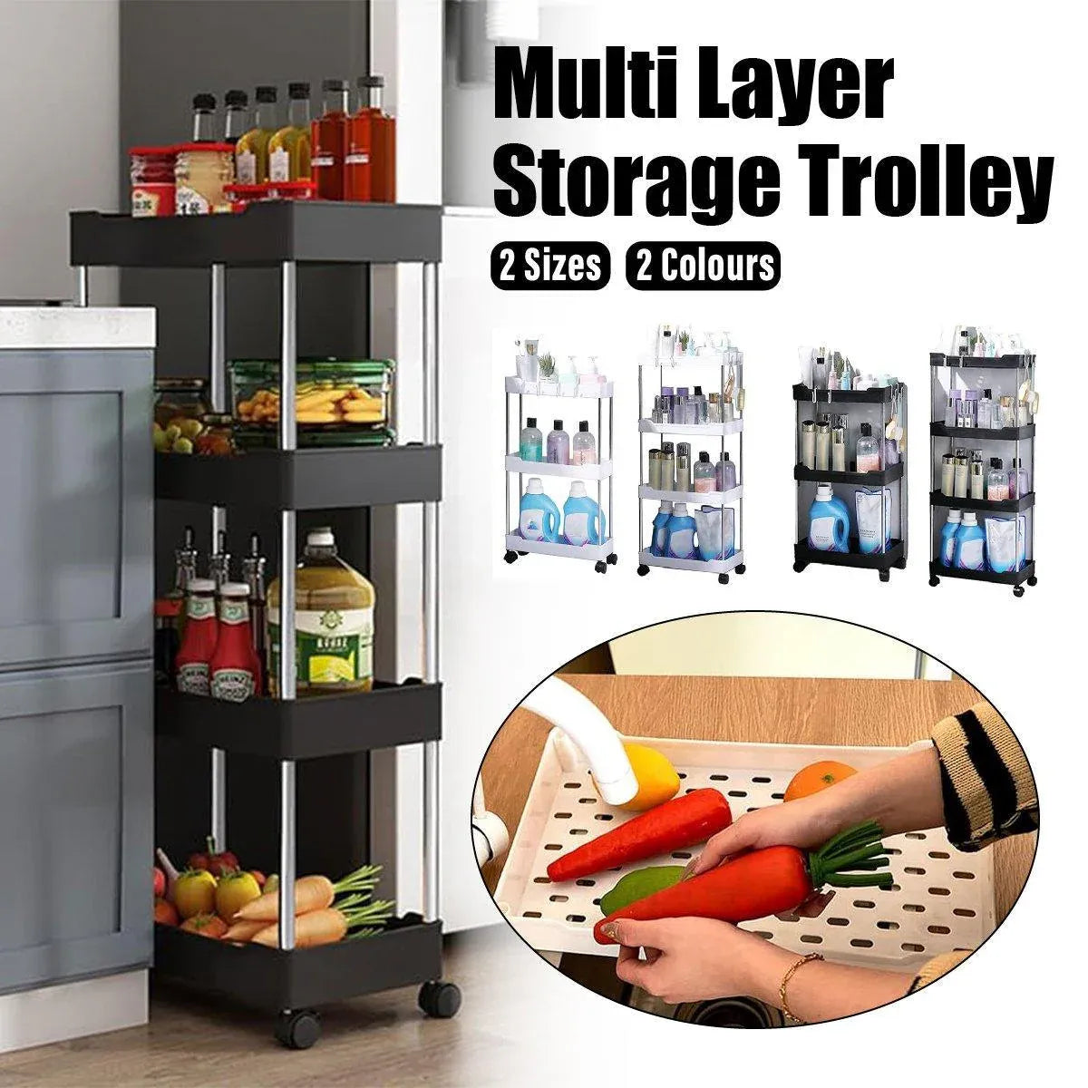 Multi Layer Rolling Storage Cart Kitchen Bathroom Organizer Shelf with Wheels - 3-White