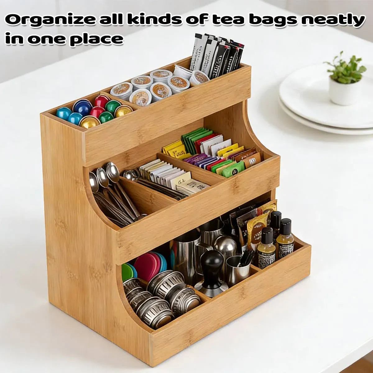 3 Tier Bamboo Storage Rack Tea Bag Coffee Pod Organizer For Countertop Kitchen