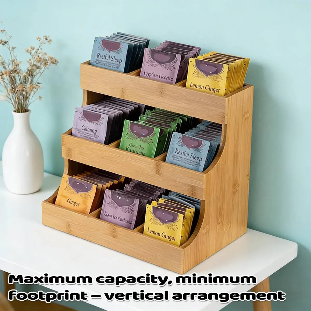 3 Tier Bamboo Storage Rack Tea Bag Coffee Pod Organizer For Countertop Kitchen