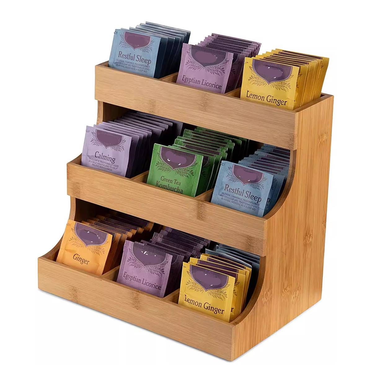 3 Tier Bamboo Storage Rack Tea Bag Coffee Pod Organizer For Countertop Kitchen