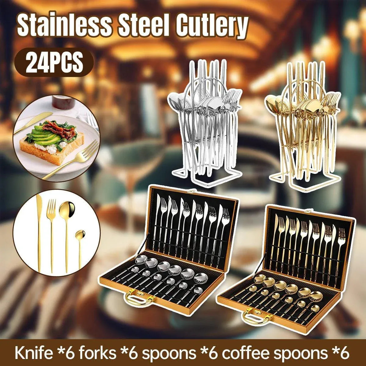 24PCS Stainless Steel Cutlery Set Knife Fork Spoon Set Durable Flatware Dining - Silver gift box set