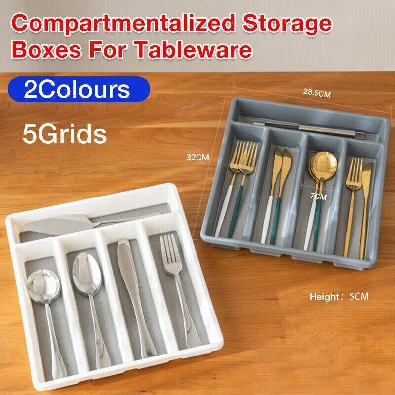 Kitchen Cutlery Large Tray Utensil Organiser Drawer Insert Divider Multi-Purpose - Grey