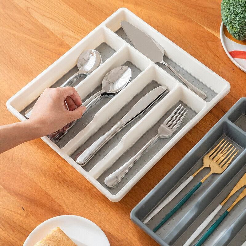 Kitchen Cutlery Large Tray Utensil Organiser Drawer Insert Divider Multi-Purpose - Grey