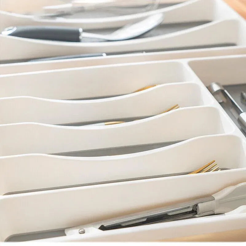 Kitchen Cutlery Large Tray Utensil Organiser Drawer Insert Divider Multi-Purpose - White
