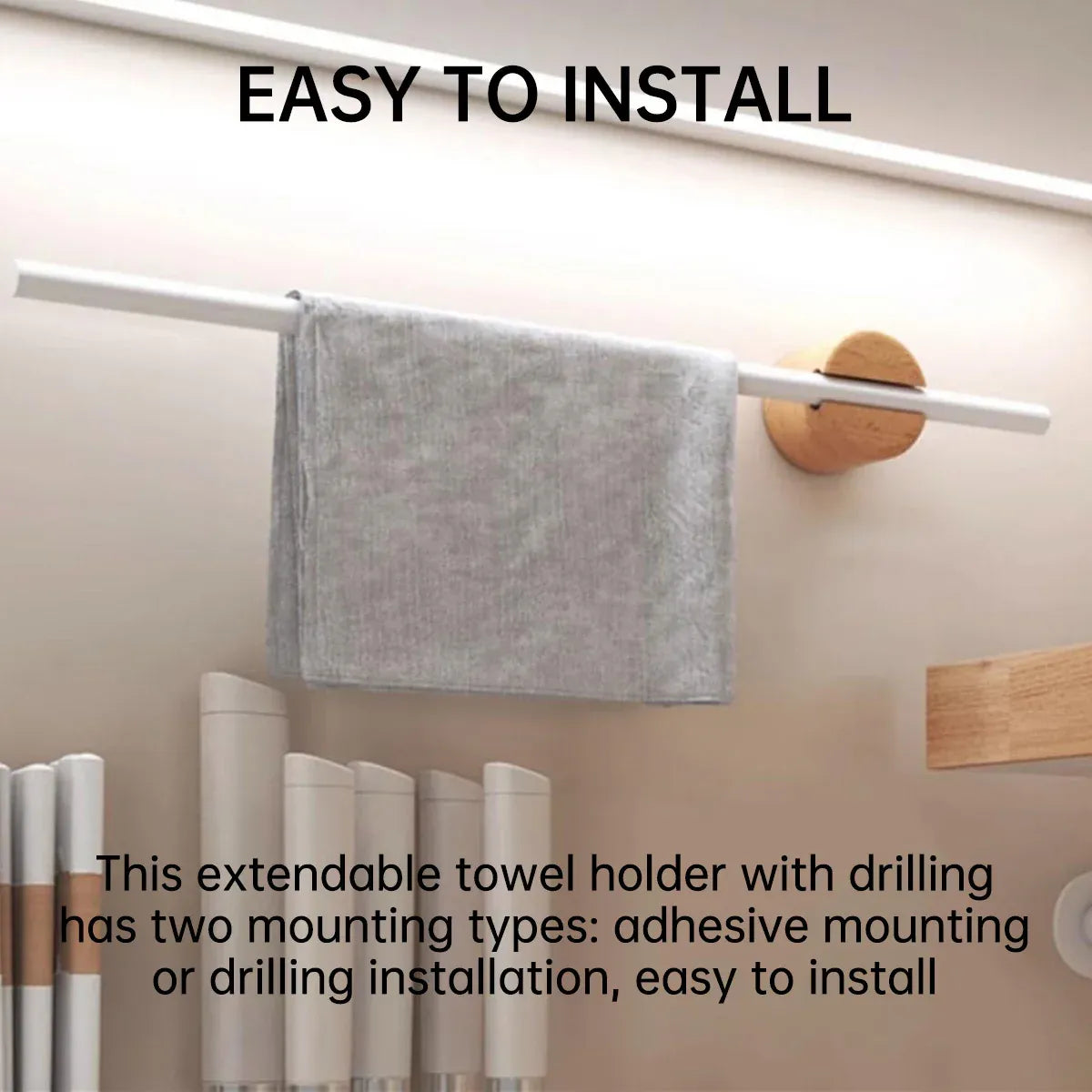 Minimalist Adjustable No-Drill Extendable Towel Rail for Bathroom Home Organizer - 40cm