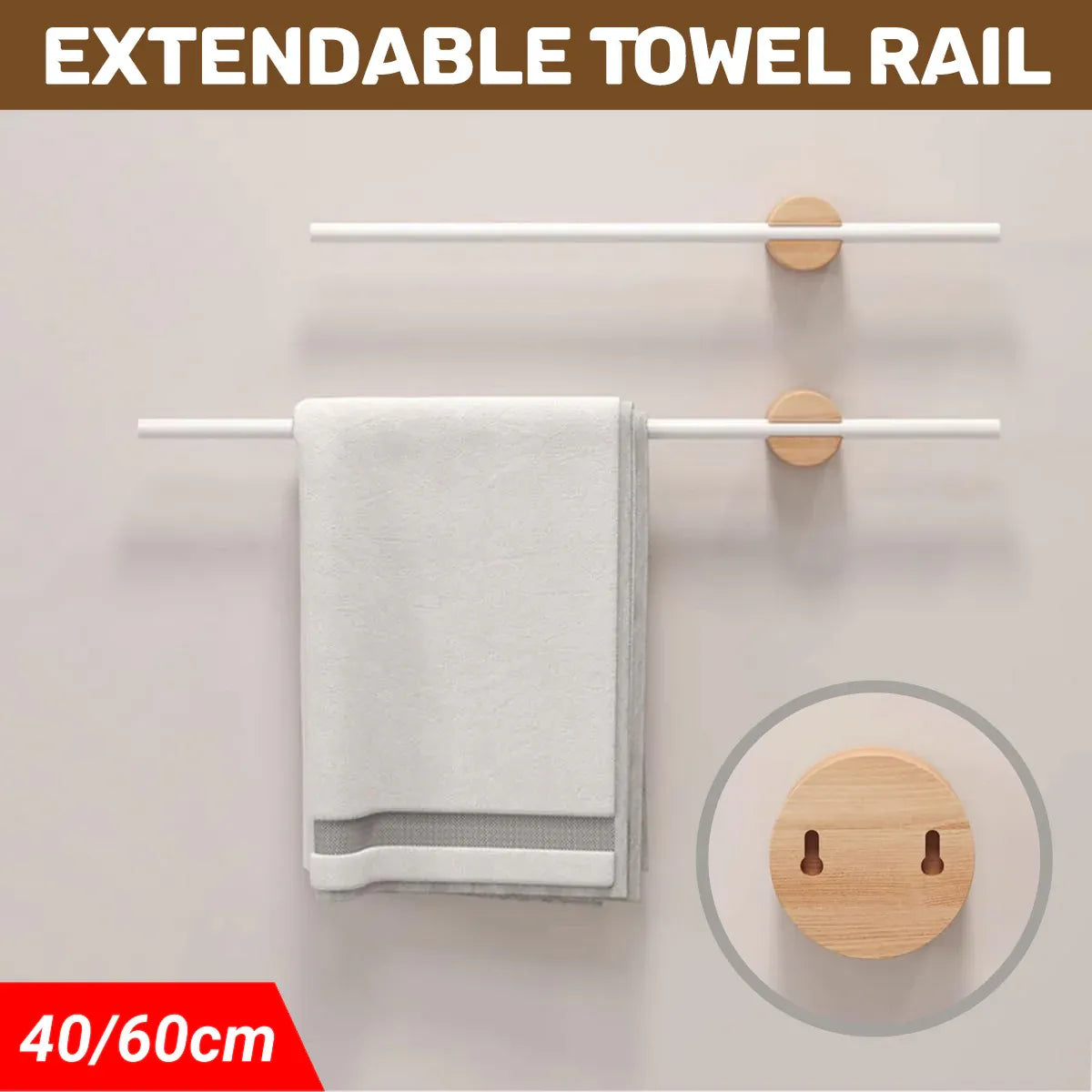 Minimalist Adjustable No-Drill Extendable Towel Rail for Bathroom Home Organizer - 40cm