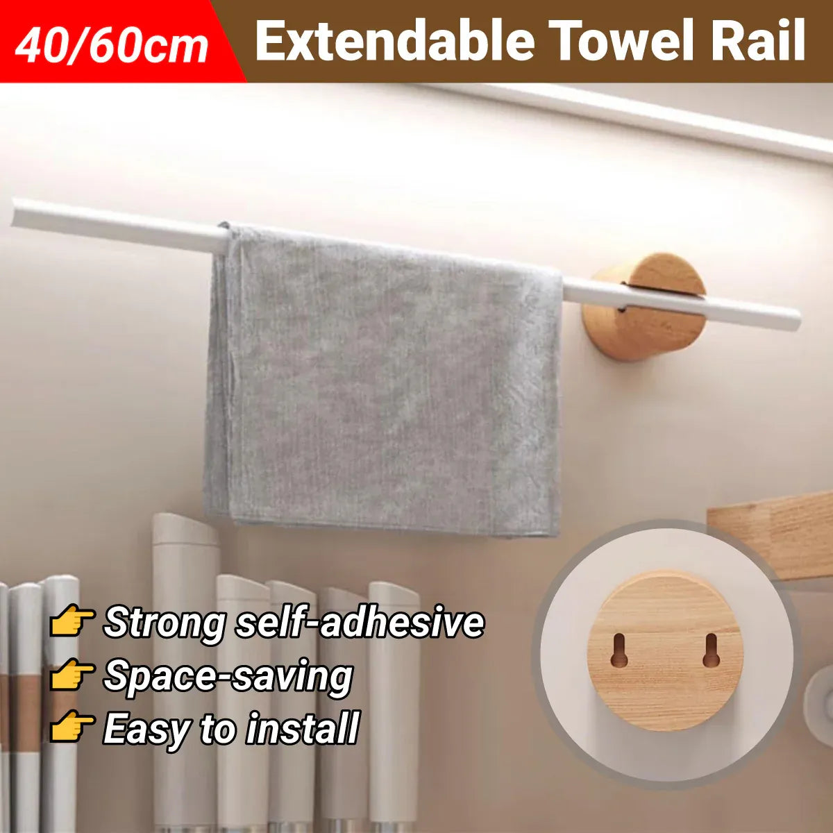 Minimalist Adjustable No-Drill Extendable Towel Rail for Bathroom Home Organizer - 60cm