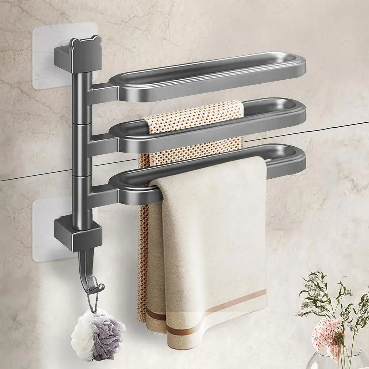Punch-free Towel Rack Basic Model Rotatable Multi-rod Bathroom Toilet Towel Hang - Grey