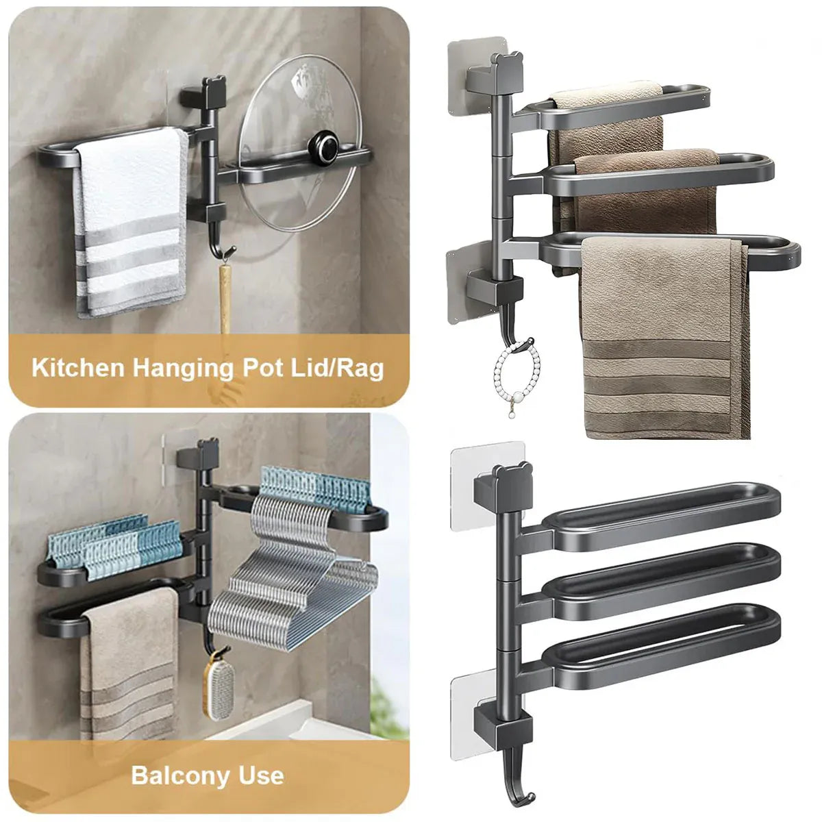Punch-free Towel Rack Basic Model Rotatable Multi-rod Bathroom Toilet Towel Hang - White