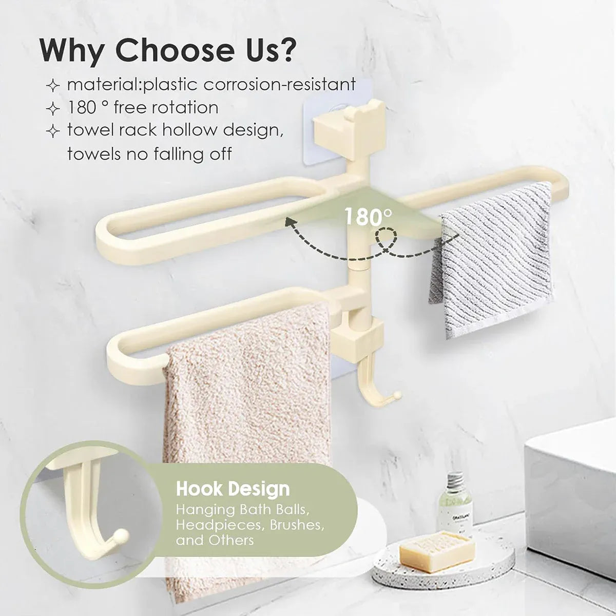 Punch-free Towel Rack Basic Model Rotatable Multi-rod Bathroom Toilet Towel Hang - White