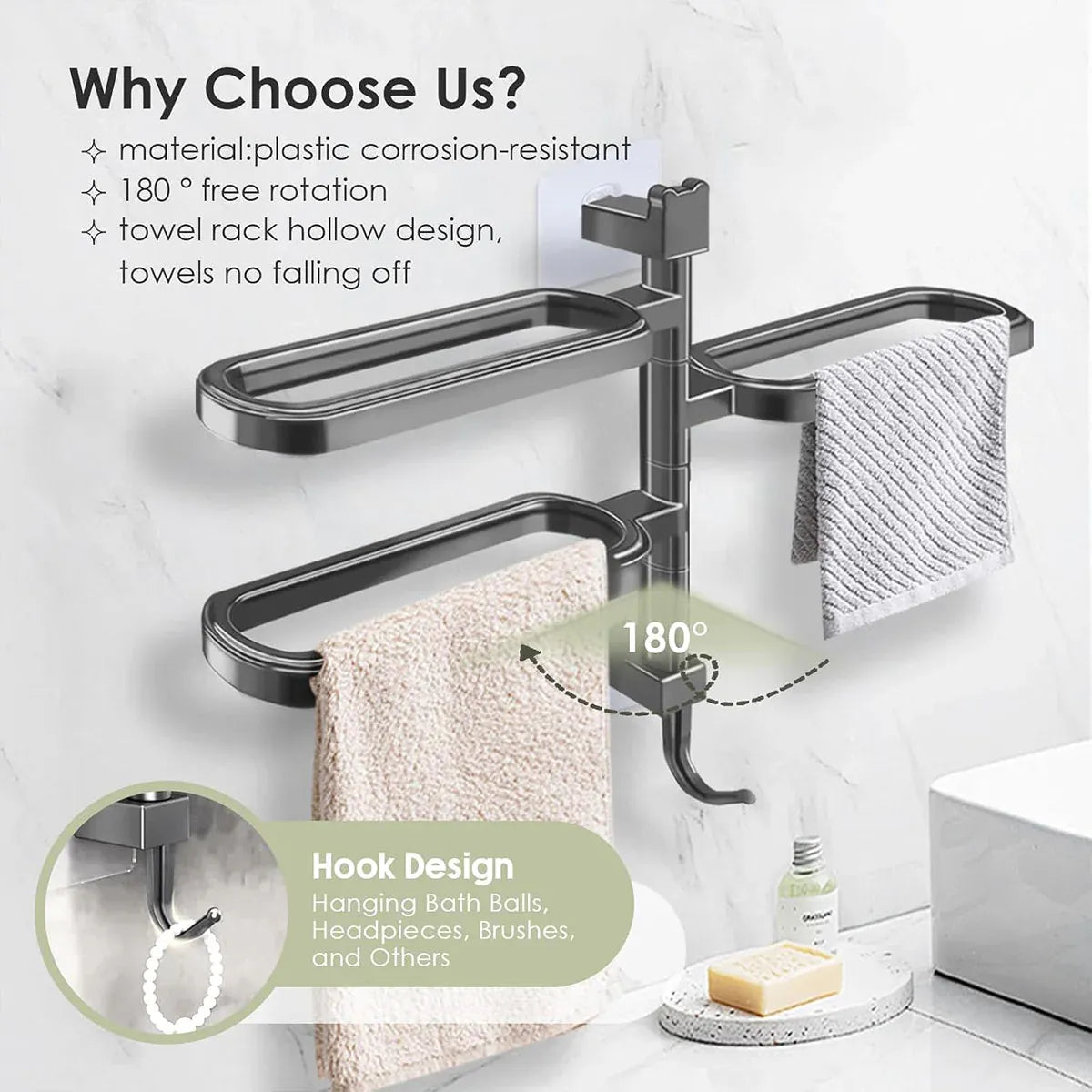 Punch-free Towel Rack Basic Model Rotatable Multi-rod Bathroom Toilet Towel Hang - White