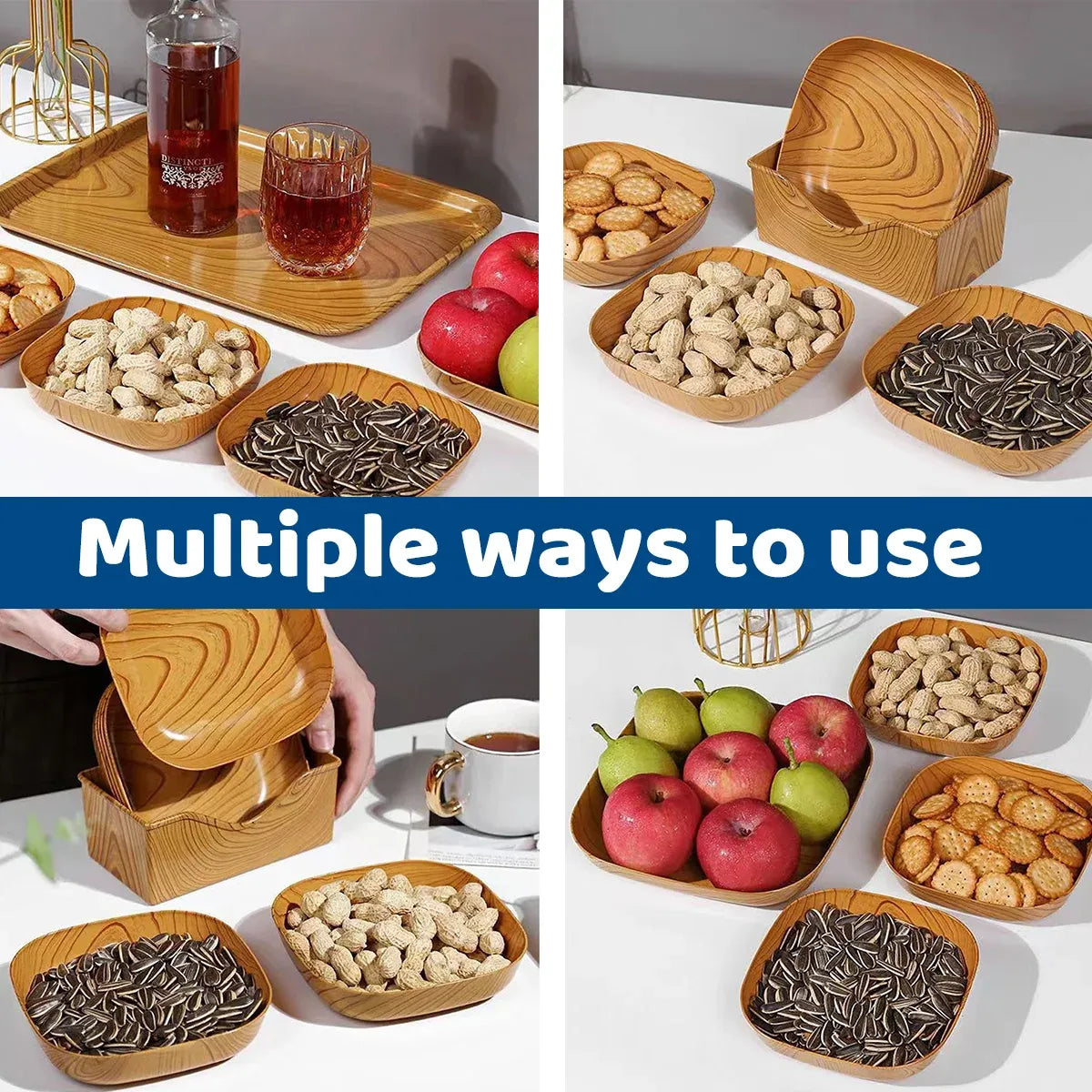 Snack Serving Tray Set Wood Grain Organiser Platter with Base Multi Compartment