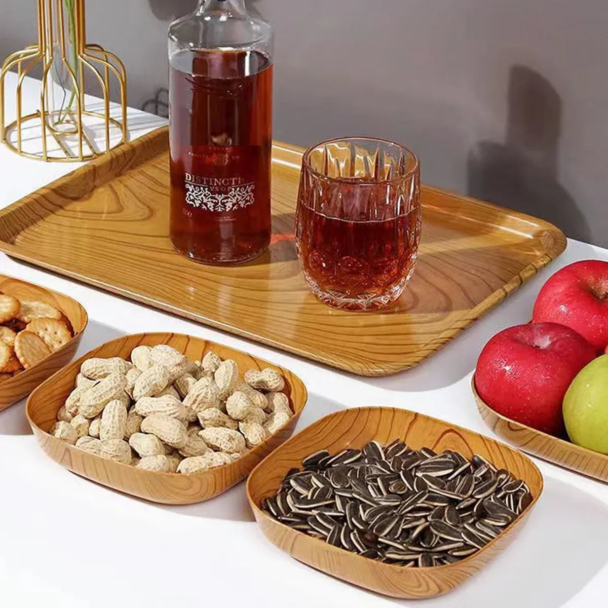 Snack Serving Tray Set Wood Grain Organiser Platter with Base Multi Compartment