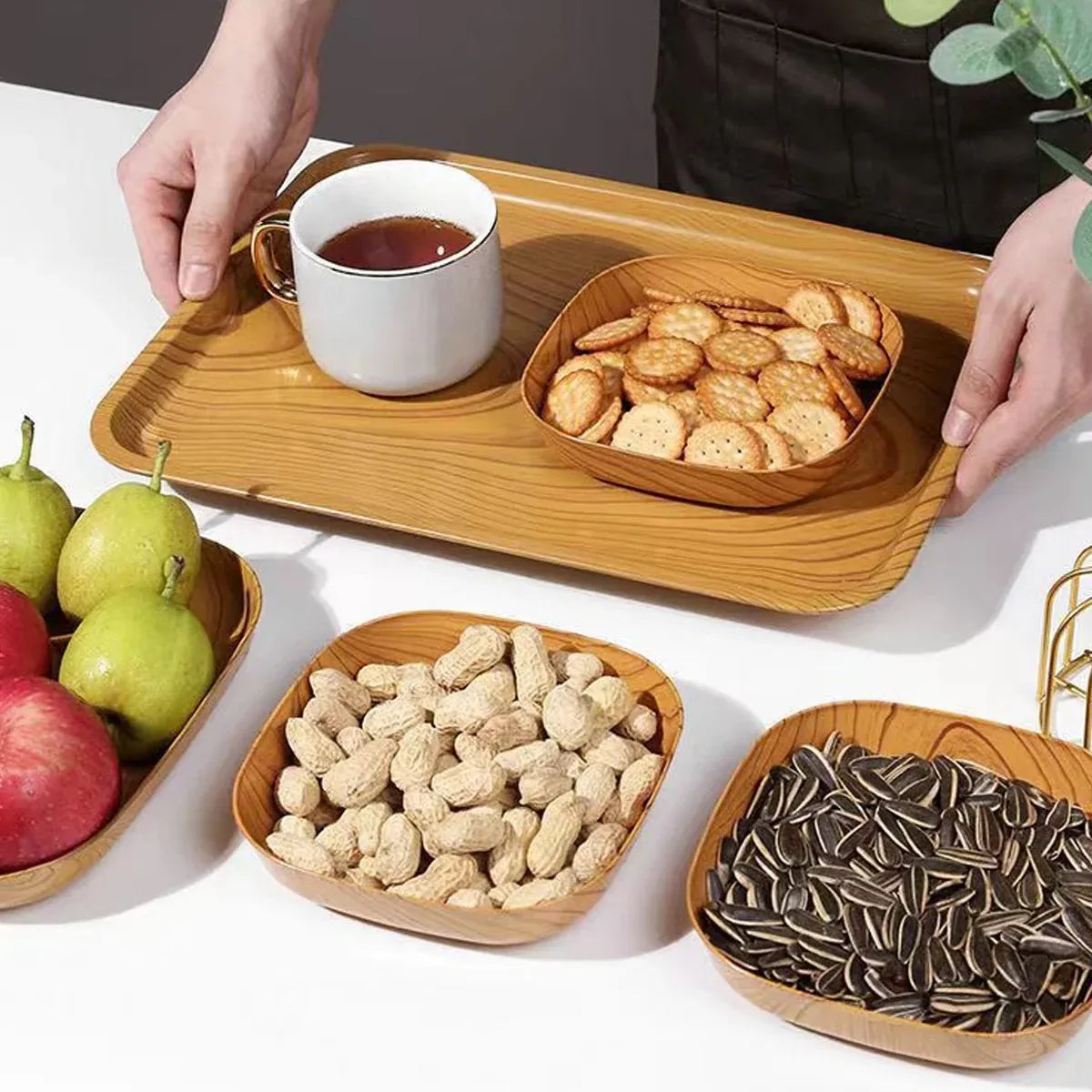 Snack Serving Tray Set Wood Grain Organiser Platter with Base Multi Compartment
