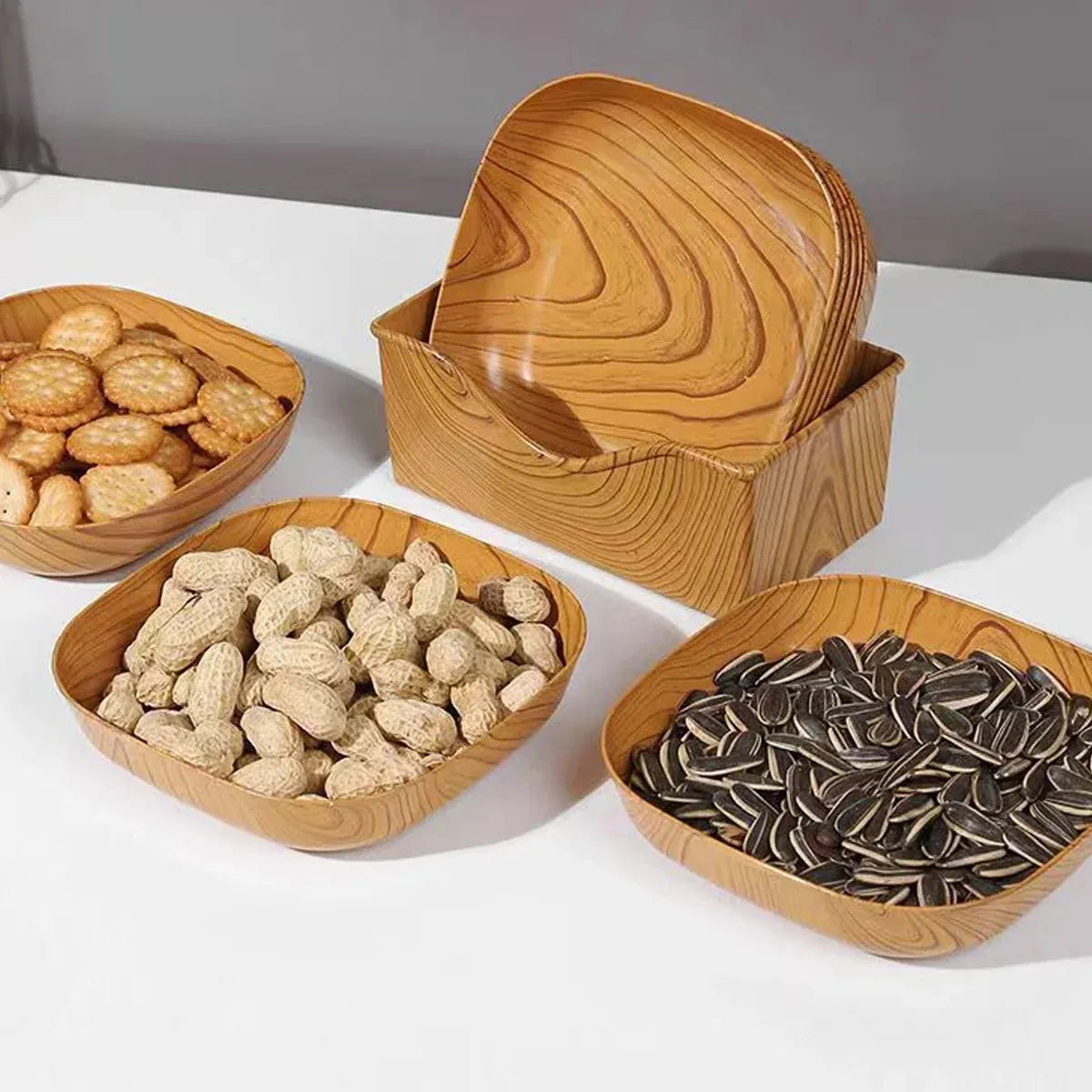 Snack Serving Tray Set Wood Grain Organiser Platter with Base Multi Compartment