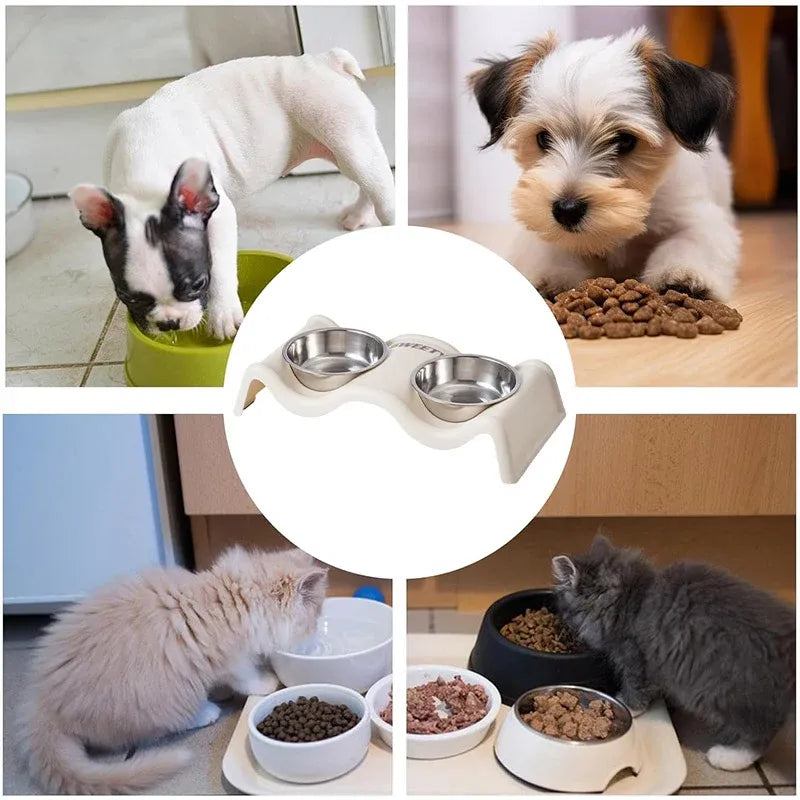 Pet Bowls Stainless Steel Double Bowl Wavy Cat Dog Feeding Dish Nonslip Base - Purple