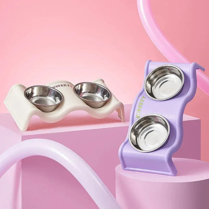 Pet Bowls Stainless Steel Double Bowl Wavy Cat Dog Feeding Dish Nonslip Base - Purple