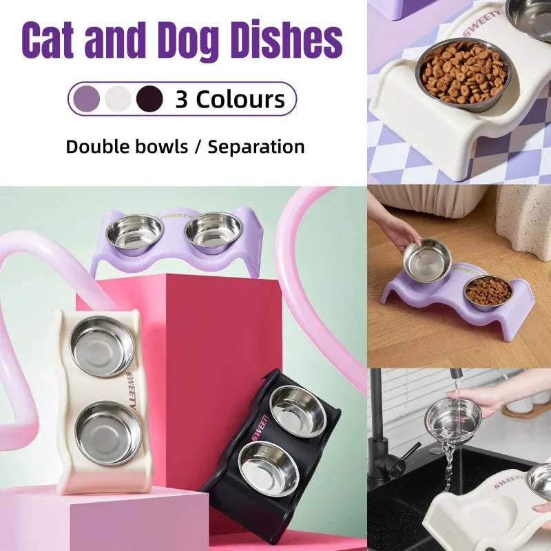 Pet Bowls Stainless Steel Double Bowl Wavy Cat Dog Feeding Dish Nonslip Base - White