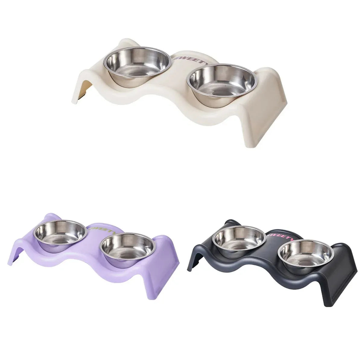 Pet Bowls Stainless Steel Double Bowl Wavy Cat Dog Feeding Dish Nonslip Base - White