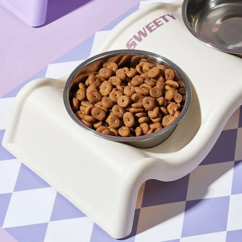 Pet Bowls Stainless Steel Double Bowl Wavy Cat Dog Feeding Dish Nonslip Base - White