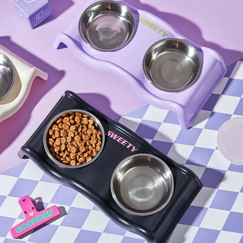Pet Bowls Stainless Steel Double Bowl Wavy Cat Dog Feeding Dish Nonslip Base - White