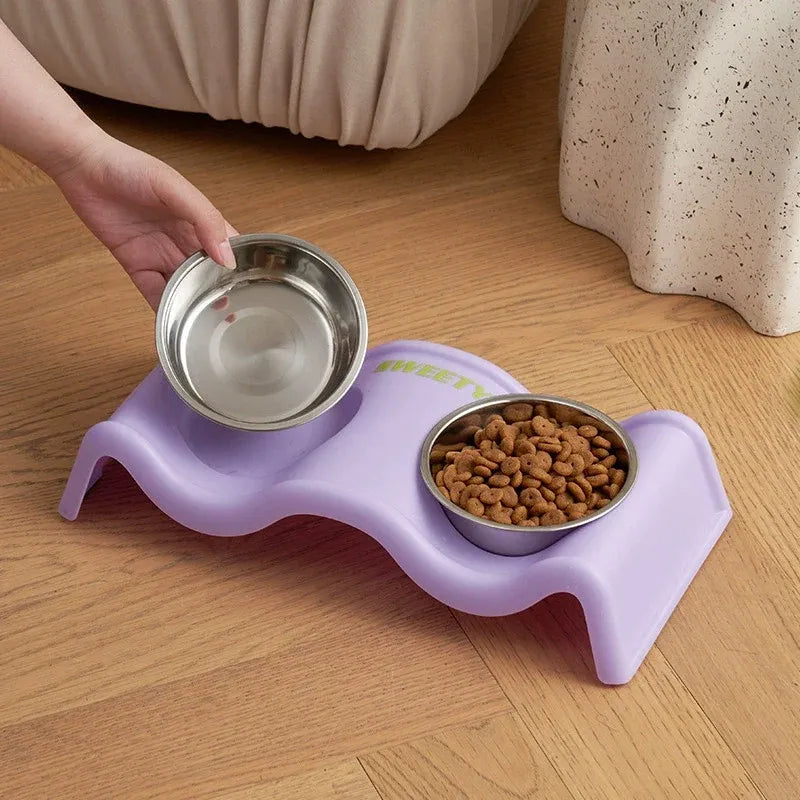 Pet Bowls Stainless Steel Double Bowl Wavy Cat Dog Feeding Dish Nonslip Base - White