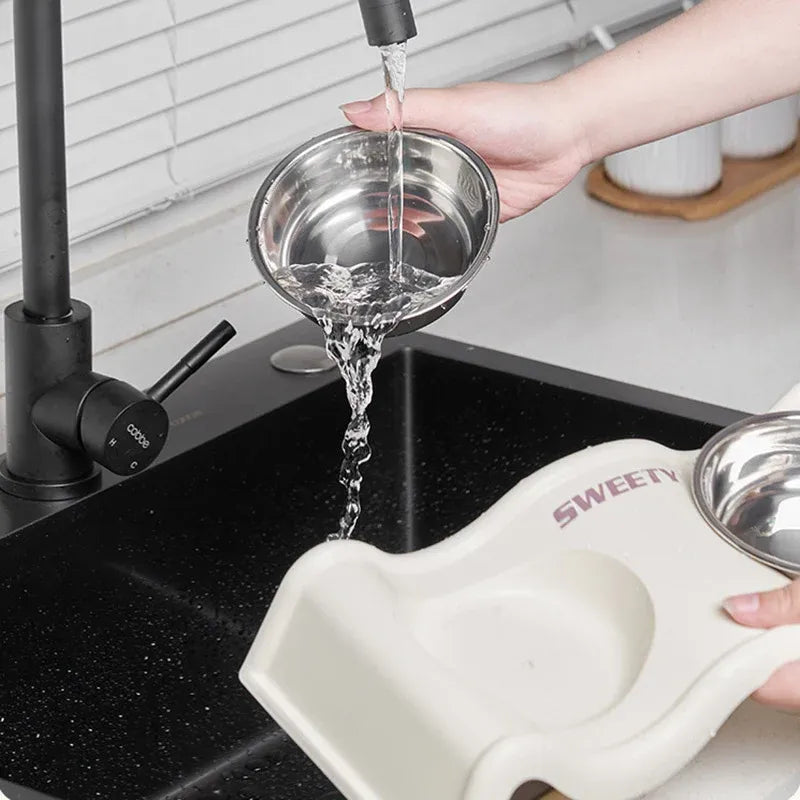 Pet Bowls Stainless Steel Double Bowl Wavy Cat Dog Feeding Dish Nonslip Base - White