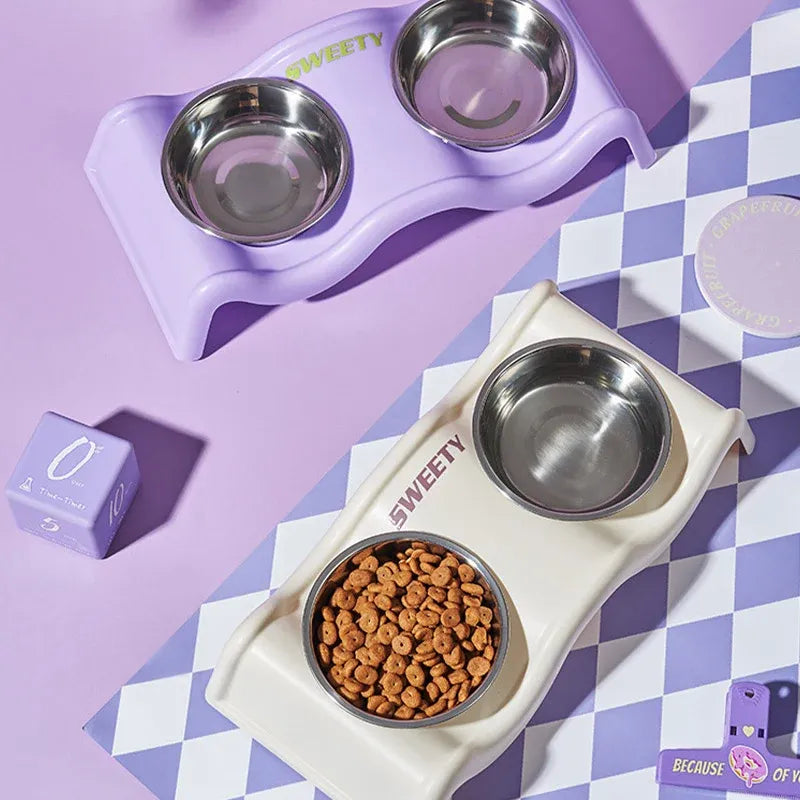 Pet Bowls Stainless Steel Double Bowl Wavy Cat Dog Feeding Dish Nonslip Base - White
