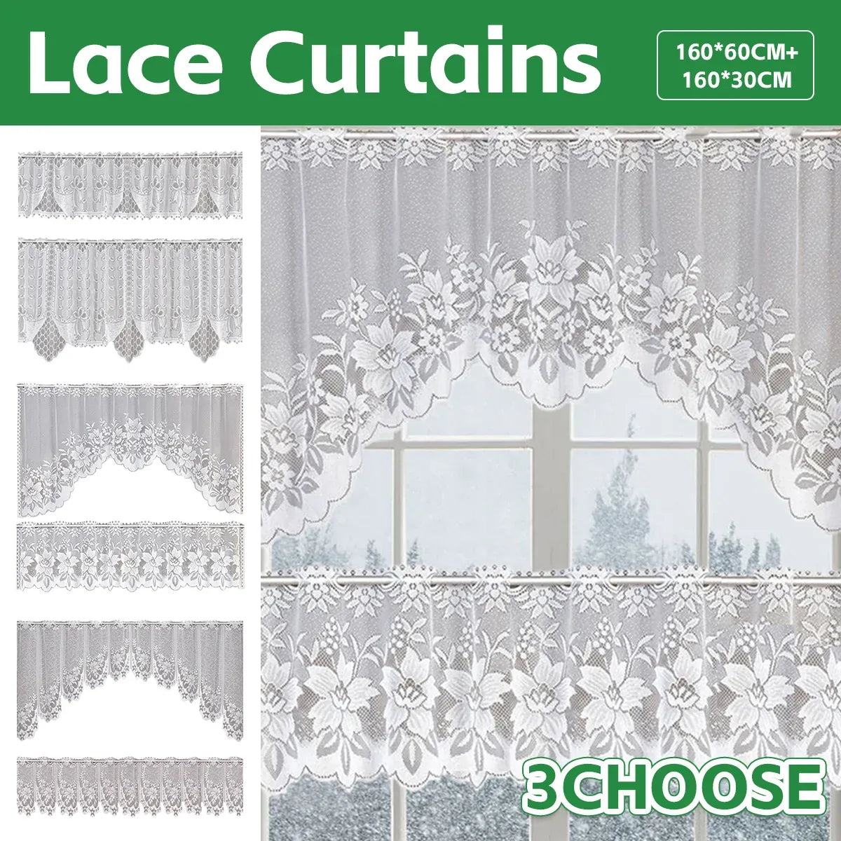 White Lace Window Curtain Short Tier Panel for Kitchen Bathroom - Morning glory