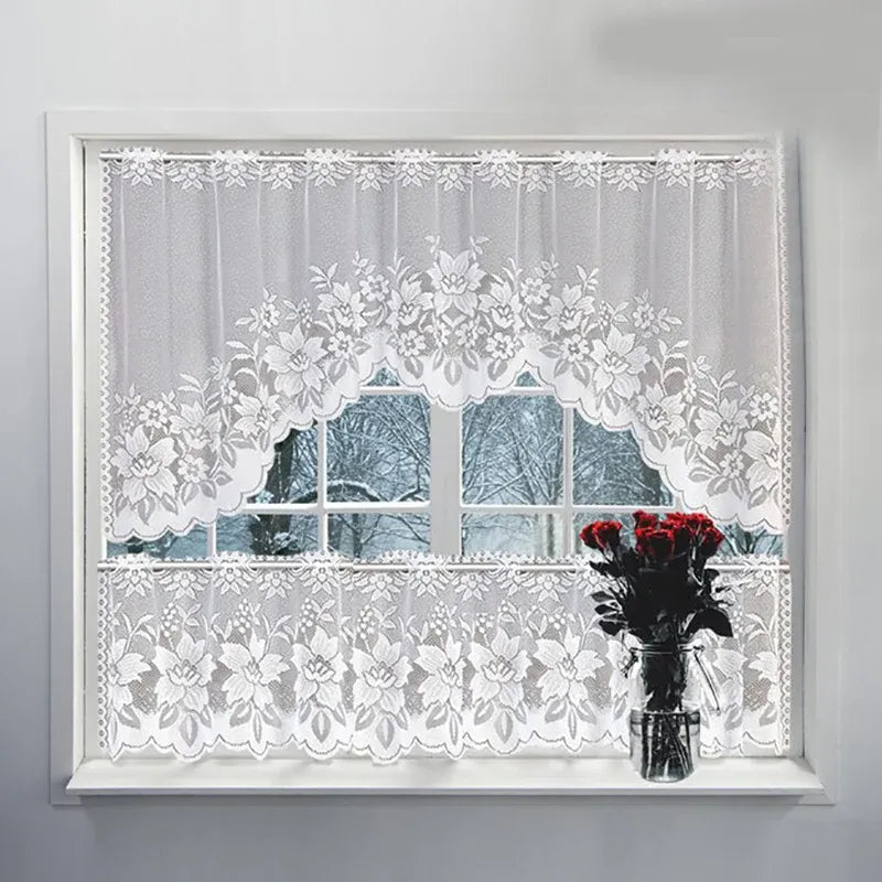White Lace Window Curtain Short Tier Panel for Kitchen Bathroom - Morning glory