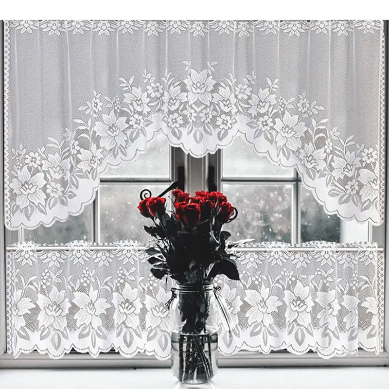 White Lace Window Curtain Short Tier Panel for Kitchen Bathroom - Morning glory