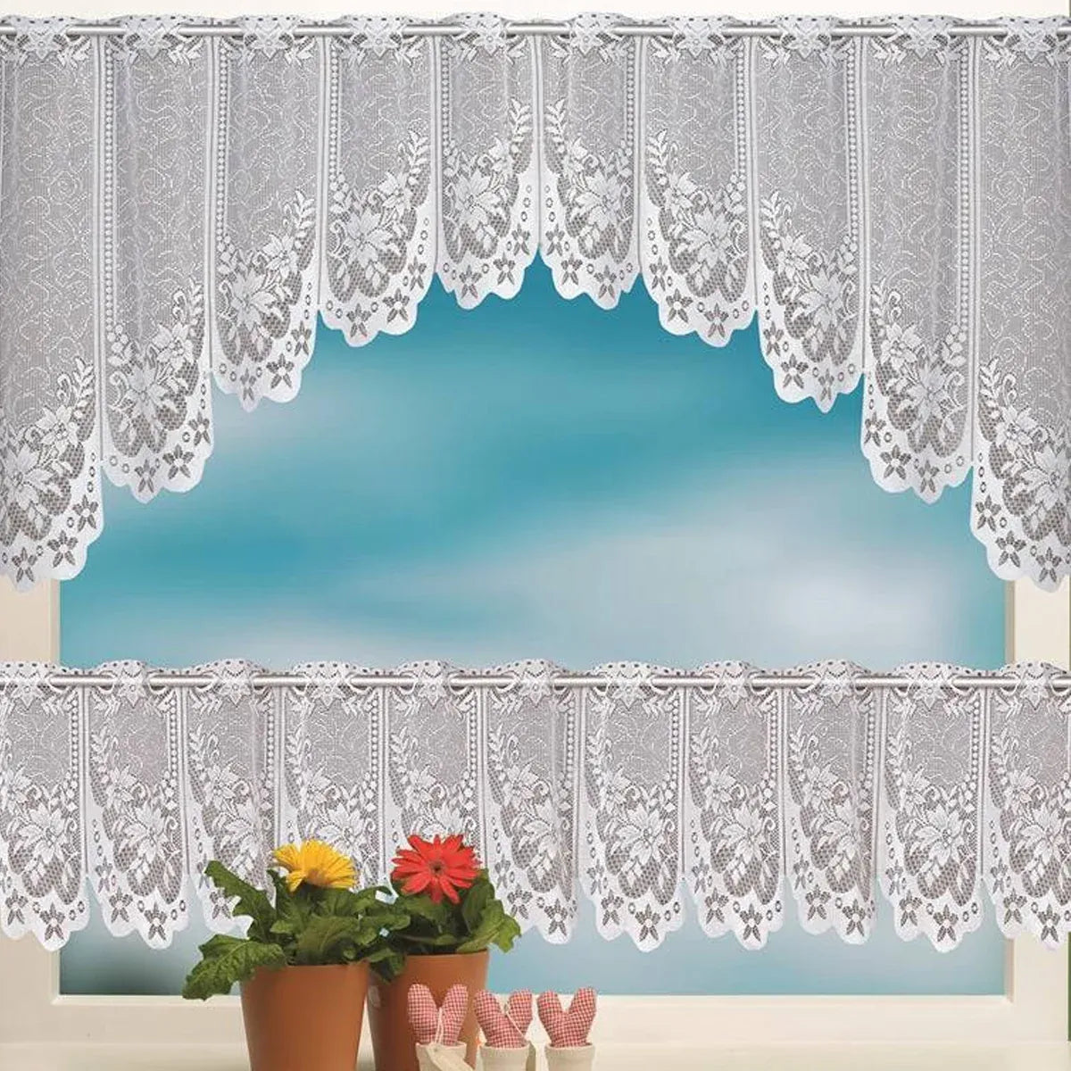 White Lace Window Curtain Short Tier Panel for Kitchen Bathroom - Morning glory