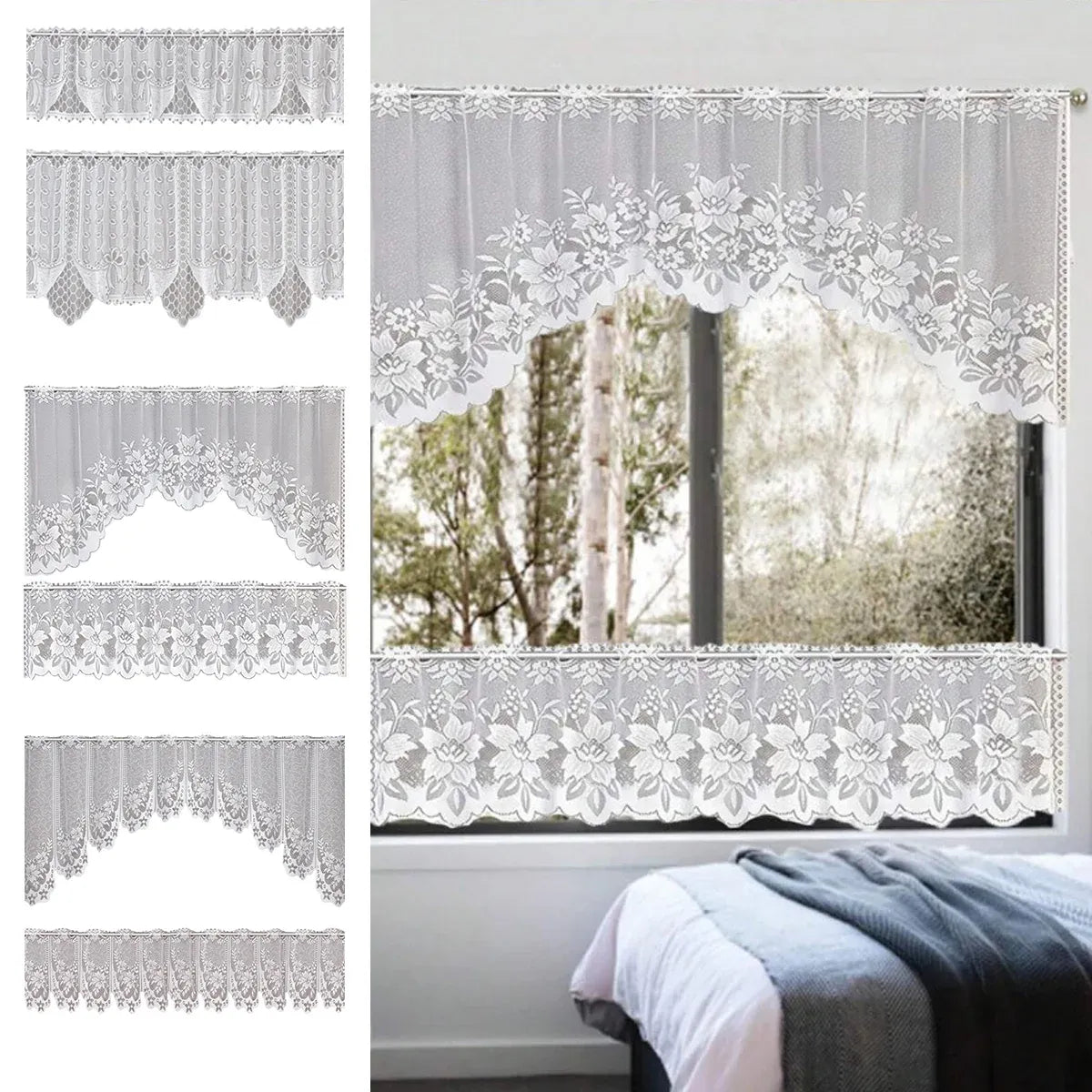 White Lace Window Curtain Short Tier Panel for Kitchen Bathroom - Morning glory