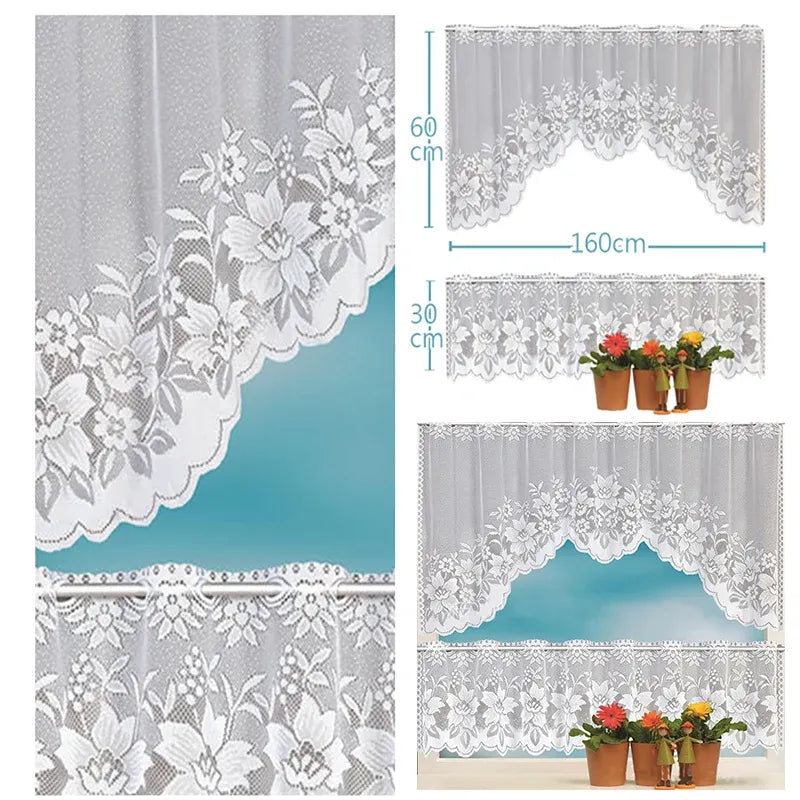 White Lace Window Curtain Short Tier Panel for Kitchen Bathroom - Morning glory