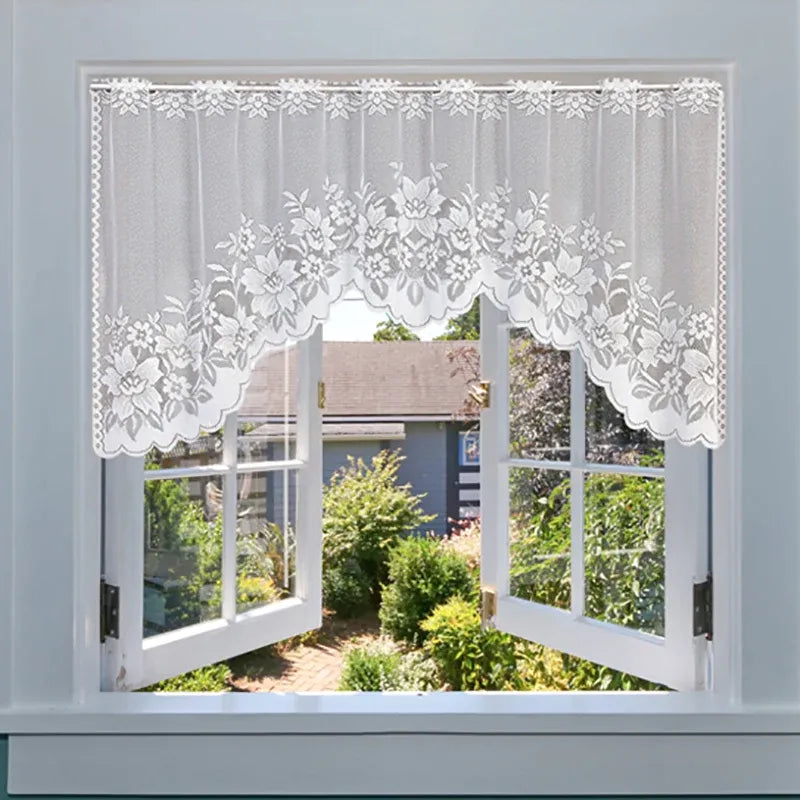 White Lace Window Curtain Short Tier Panel for Kitchen Bathroom - Morning glory