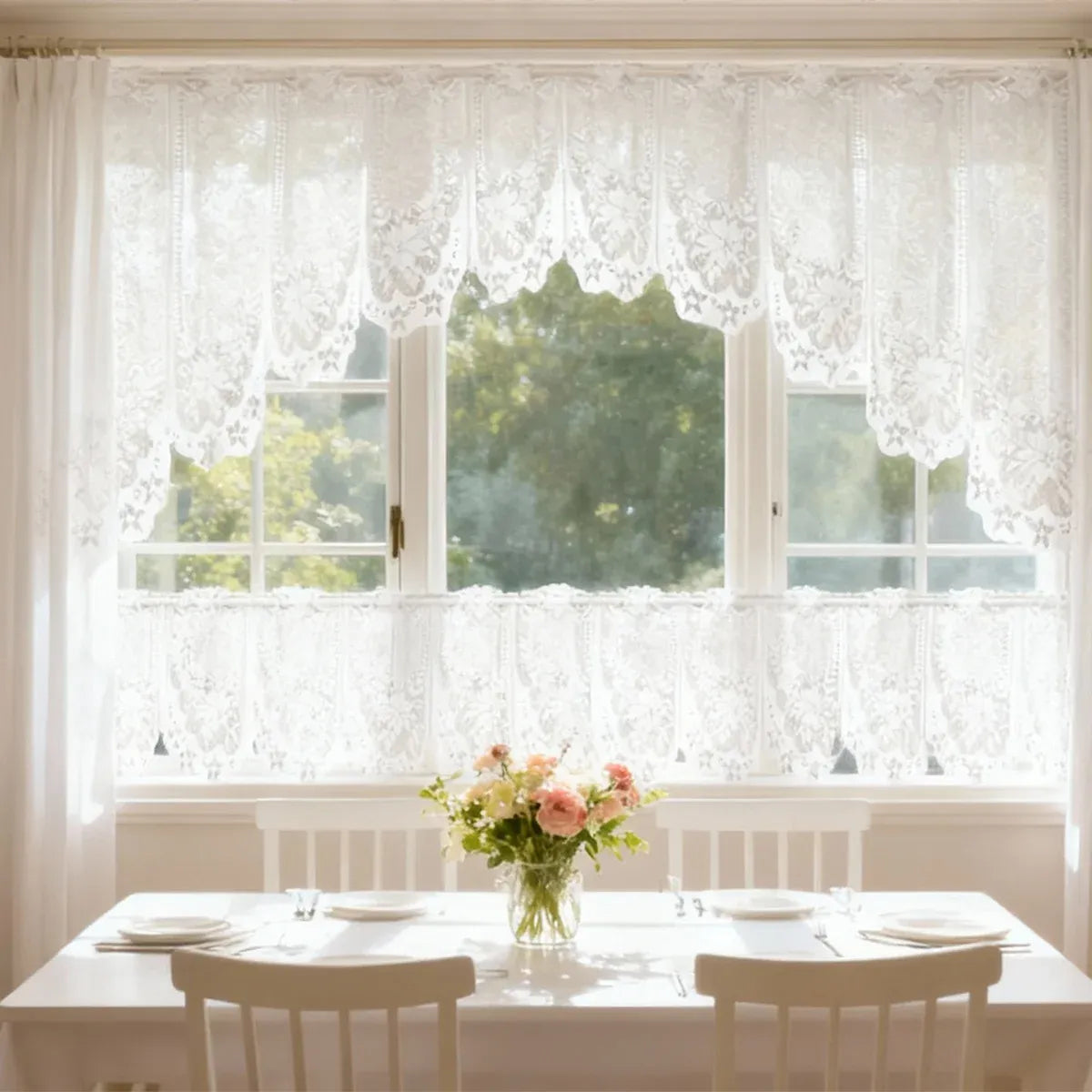 White Lace Window Curtain Short Tier Panel for Kitchen Bathroom - Morning glory