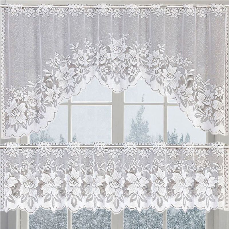 White Lace Window Curtain Short Tier Panel for Kitchen Bathroom - Morning glory