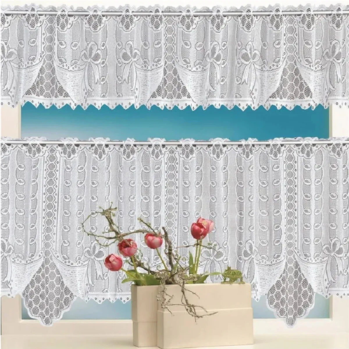 White Lace Window Curtain Short Tier Panel for Kitchen Bathroom - Morning glory
