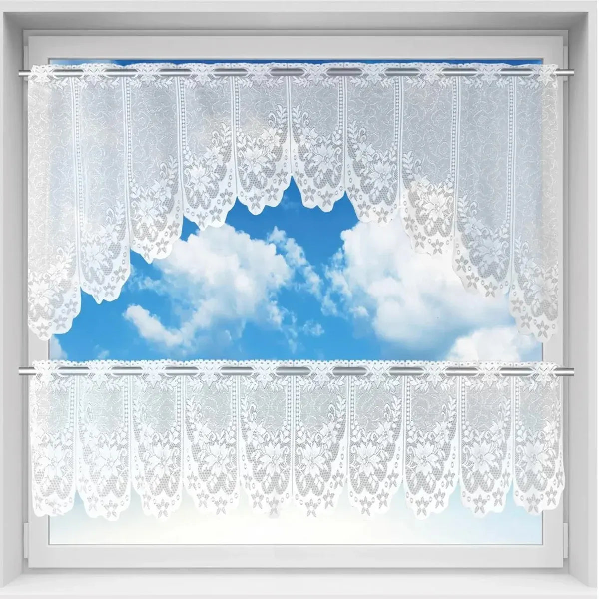 White Lace Window Curtain Short Tier Panel for Kitchen Bathroom - Morning glory