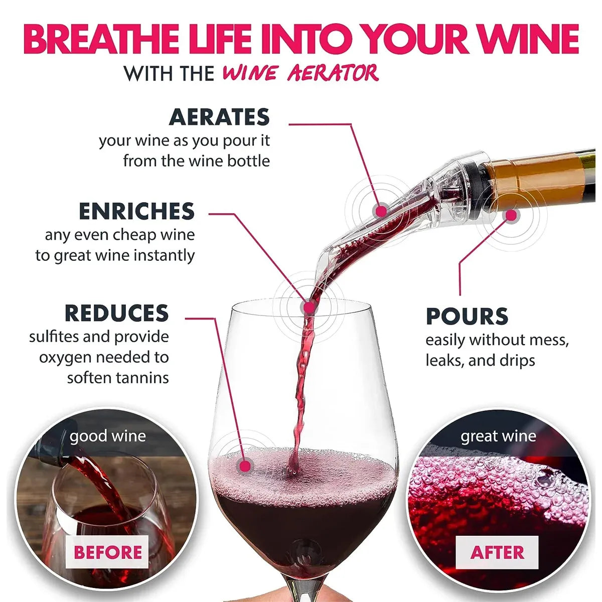 Wine Aerator Pourer with Gift Box Fast Red Wine Air Infusion Single or Three Piece Set - Long Stem Aerator