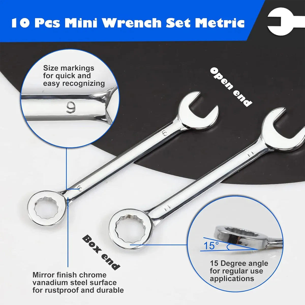 10PCS Mini Mirror Polishing Open-end Wrench and Double-purpose Wrench Set 4-11mm