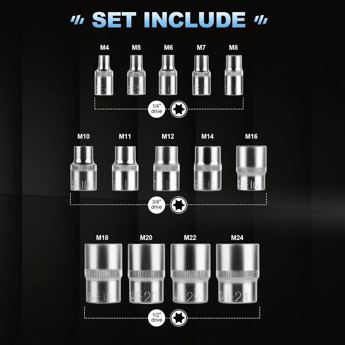 14x E Torx Socket Set Female Start Bit External Hex Torque E4-E24