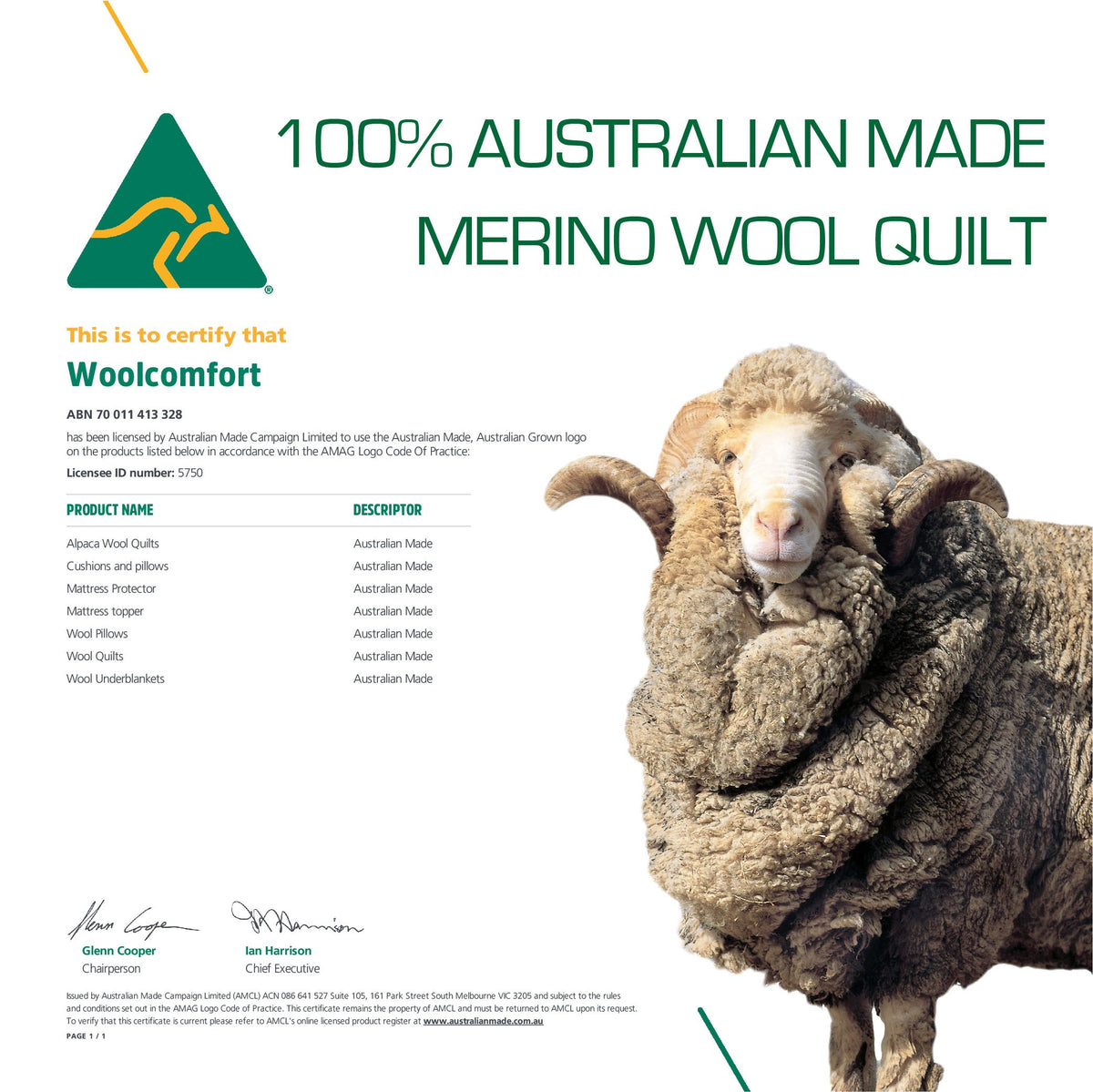 Woolcomfort Aus Made Merino Wool Quilt 700GSM 160x210cm King Single Size