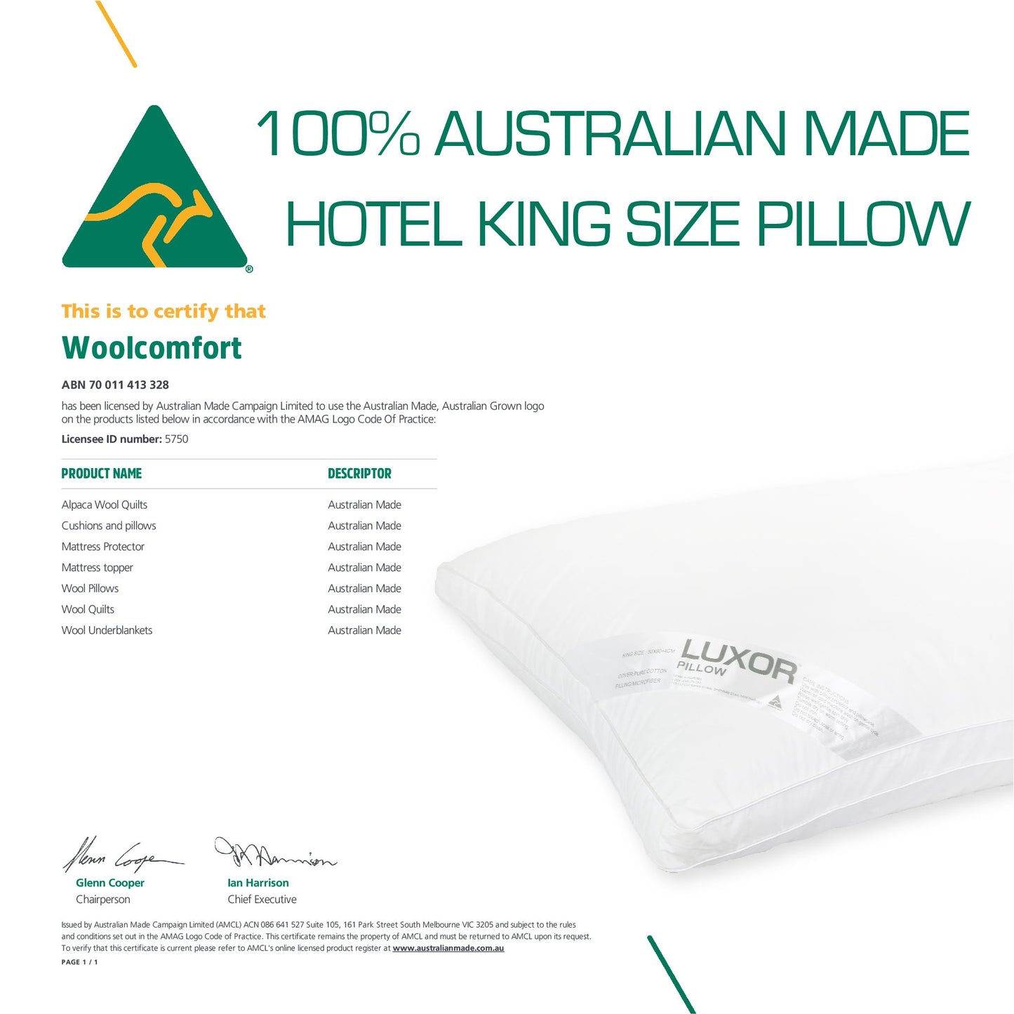 Luxor Australian Made Hotel King Size Pillow with 4cm Wall Single Pack