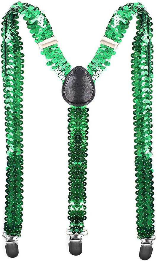 SEQUIN SUSPENDERS Unisex Adjustable Braces Clip On Elastic Y-Back  - Green