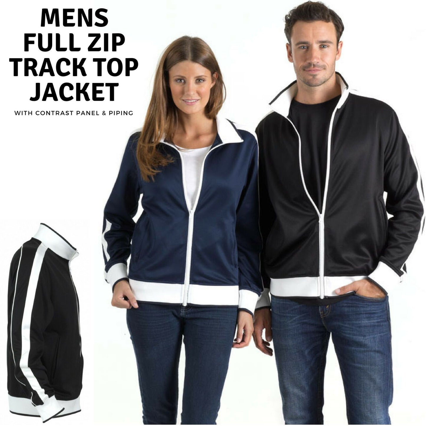 Identitee Mens Varsity Track Jacket Warm Winter Tracksuit Top Zip - Navy/White - XL