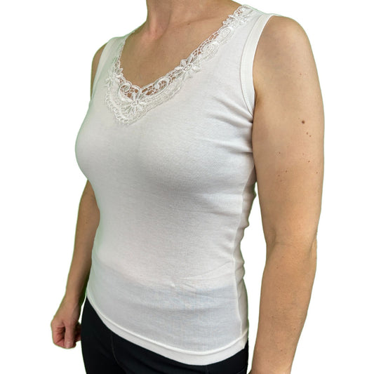 Ladies Sleeveless Singlet Top Womens Summer Basic Tank Shirt Lace Motif Front - Natural - 16-18